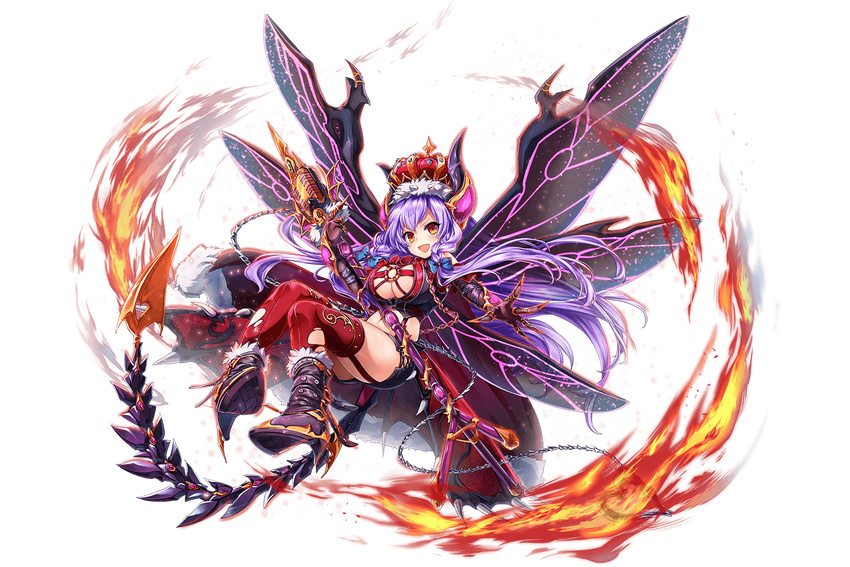 arm_belt beelzebub_(kami_project) belt boots bow braid breasts cape cleavage cleavage_cutout crown demon_girl demon_horns demon_tail dmm fingernails fire full_body fur fur_trim hair_bow high_heel_boots high_heels horns huge_breasts insect_wings kami_project long_fingernails magic microphone microphone_stand microskirt midriff navel o-ring o-ring_top official_art open_mouth purple_hair side_braid skirt skull solo stiletto_heels tail thighhighs thorns torn_clothes torn_legwear transparent_background twin_braids wings yellow_eyes