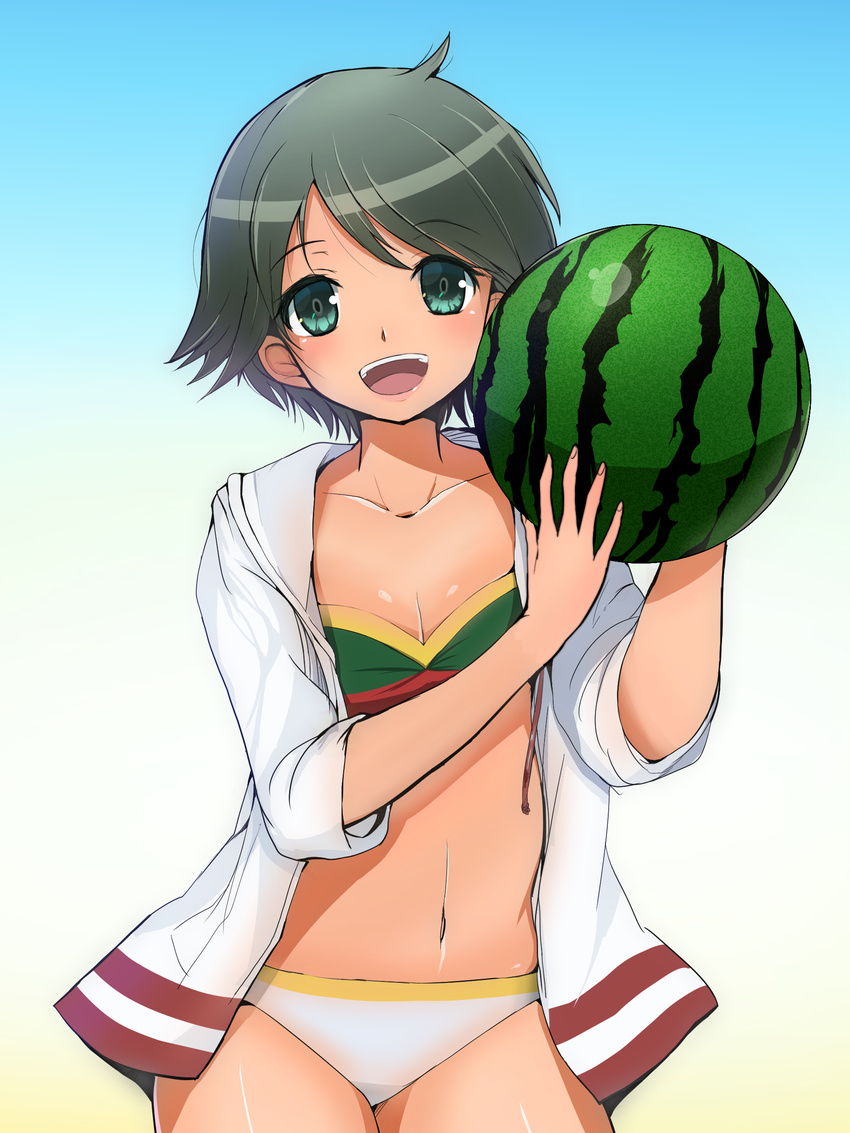 51_(akiduki) absurdres asymmetrical_bikini bikini black_hair blue_background cowboy_shot flat_chest food fruit gradient gradient_background green_eyes highres jacket kantai_collection looking_at_viewer mismatched_bikini mogami_(kantai_collection) multicolored_bikini_top open_mouth short_hair smile solo swimsuit upper_teeth watermelon white_bikini_bottom white_jacket