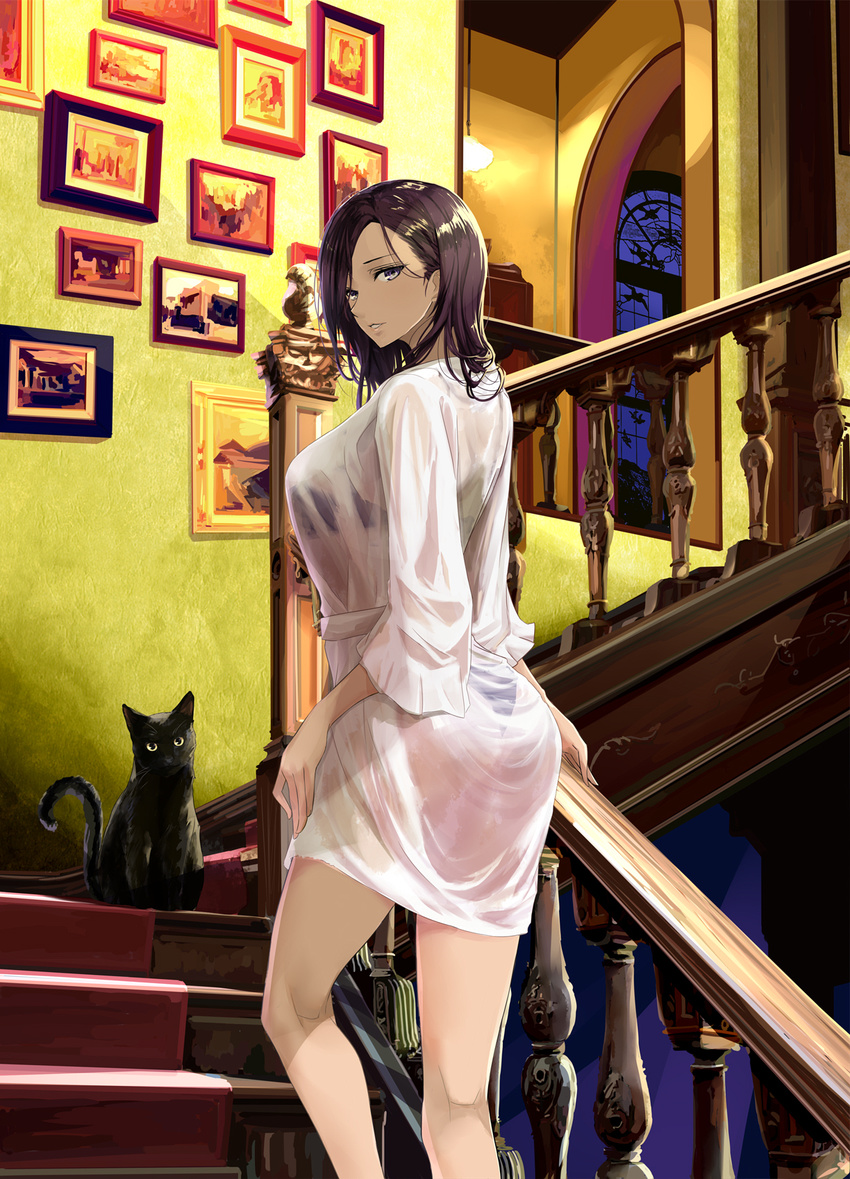 arch ass banister black_bra black_cat black_panties bra bra_through_clothes breasts brown_eyes brown_hair carpet cat chef_no_kimagure_salad from_behind from_below hand_on_own_thigh hand_on_railing highres indoors leg_lift light light_smile lights lingerie looking_at_viewer looking_back open_mouth original panties pedestal photo_(object) picture_frame robe see-through shiny shiny_hair solo stairs statuette thong underwear window