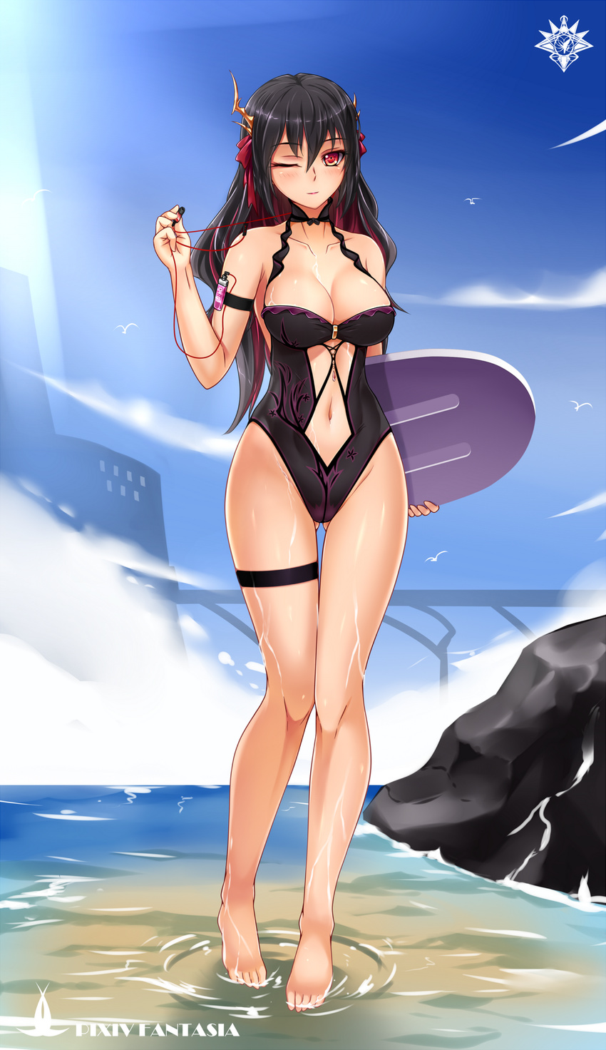 ;) arm_strap ass_visible_through_thighs bangs bare_shoulders barefoot beach bird black_choker black_hair black_swimsuit blue_sky blush bow breasts bridge building cable casual_one-piece_swimsuit choker cityscape cleavage closed_mouth cloud collarbone copyright_name day digital_media_player earbuds earphones feet fog frilled_swimsuit frills full_body gem hair_between_eyes hair_bow halterneck hand_up highres hips holding horns jewelry kickboard legs legs_together light_smile long_hair looking_at_viewer medium_breasts midnight_(banyex) multicolored_hair navel navel_cutout ocean one-piece_swimsuit one_eye_closed outdoors pendant pixiv_fantasia pixiv_fantasia_revenge_of_the_darkness red_bow red_eyes red_hair rock silhouette sky smile solo standing streaked_hair swimsuit thigh_gap thigh_strap tiptoes water wavy_hair wet