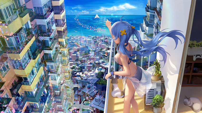 ahoge apartment bad_id bad_pixiv_id balcony bikini blue_hair bookshelf building cat character_request city cityscape cloud commentary confetti controller copyright_request d-pad d-pad_hair_ornament day facing_away floating_hair game_controller hair_ornament highres horizon long_hair ocean outdoors outstretched_arm paper_airplane plant potted_plant railing revision sarong scenery sky solo standing stellarism summer sunlight swimsuit twintails water watercraft white_bikini wind wristband