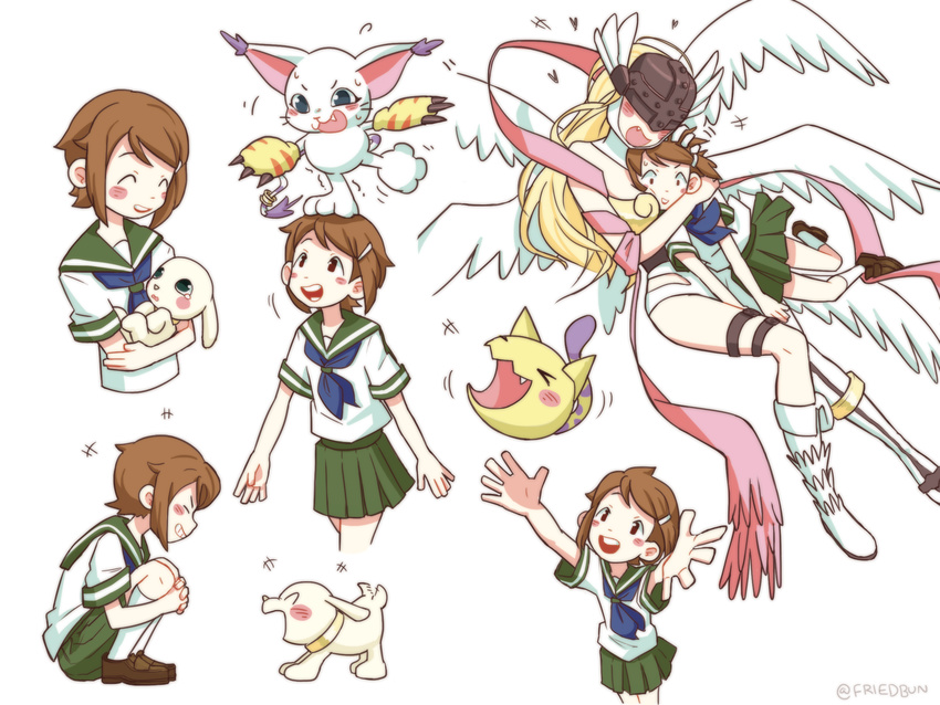 angewomon between_breasts blush_stickers boots breasts brown_eyes brown_hair commentary digimon digimon_adventure_tri. fang friedbun hair_ornament hairclip highres hug kneehighs multiple_girls nyaromon plotmon school_uniform serafuku short_hair smile tailmon teeth white_legwear yagami_hikari