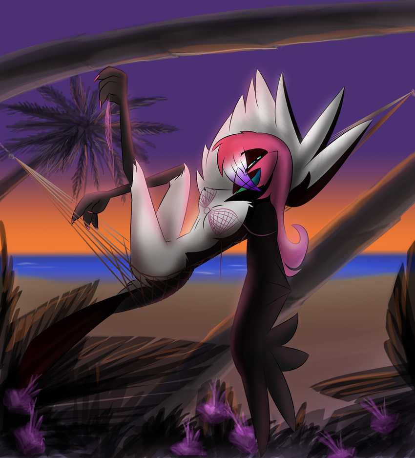 2012 anthro avian beach bedroom_eyes bird bra clothing corrvo female green_eyes hair half-closed_eyes hi_res looking_at_viewer palm_tree panties pink_hair seaside seductive sirii solo sunset tree underwear