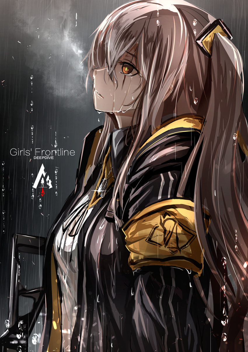 absurdres armband bangs brown_eyes brown_hair commentary_request dog_tags from_side girls_frontline gun h&amp;k_ump haguruma_(hagurumali) hair_between_eyes heckler_&amp;_koch highres holding holding_gun holding_weapon jacket long_hair open_clothes open_jacket outdoors parted_lips profile rain scar scar_across_eye sidelocks solo submachine_gun twintails ump45_(girls_frontline) upper_body weapon wet wet_clothes