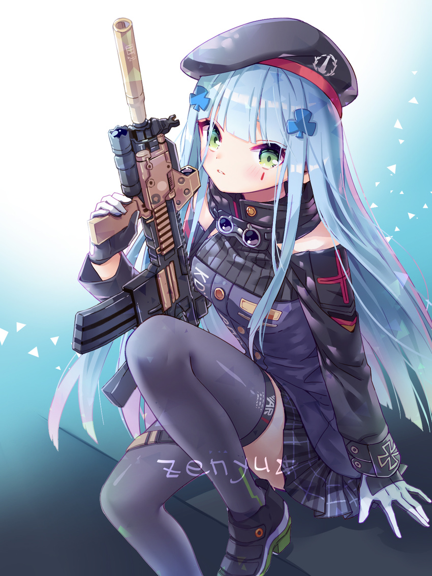 artist_name assault_rifle bangs beret black_skirt blue_hair blue_legwear blush commentary detached_sleeves facial_mark girls_frontline gloves green_eyes gun hand_up hat heckler_&amp;_koch highres hk416 hk416_(girls_frontline) holding holding_gun holding_weapon knee_up long_hair looking_at_viewer military military_uniform parted_lips plaid plaid_skirt pleated_skirt rifle sidelocks signature sitting skirt solo star teardrop thighhighs uniform weapon white_gloves zenyu