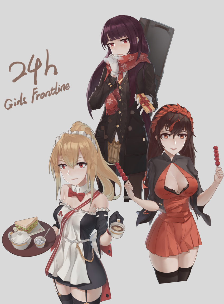 absurdres apron bad_id bad_pixiv_id bangs bare_shoulders black_hair black_legwear blush breasts brown_eyes brown_hair cardigan coat coffee commentary commentary_request copyright_name cup dango detached_sleeves enpera eyebrows_visible_through_hair food frills garter_straps girls_frontline grey_background hair_between_eyes hand_up highres holding holding_cup holding_food jiachong_jun_z large_breasts latte_art long_hair looking_at_viewer multiple_girls open_clothes open_coat pantyhose parted_lips pleated_skirt ponytail purple_hair red_eyes red_scarf red_skirt sandwich scarf sidelocks simple_background skirt sleeves_past_elbows small_breasts smile sugar_cube sv-98_(girls_frontline) teacup teapot thighhighs thighs type_56_assault_rifle_(girls_frontline) wa2000_(girls_frontline) wagashi weapon_bag zettai_ryouiki