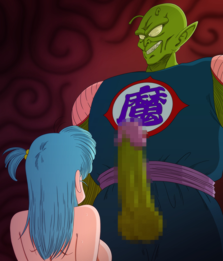 1girl back breasts bulma censored clenched_teeth clothed_male_nude_female dragon_ball erection green_hair green_skin highres imminent_rape large_breasts large_penis long_hair looking_down mosaic_censoring penis piccolo_daimaou side_ponytail simple_background sitting smile standing sweat yamamoto_doujin