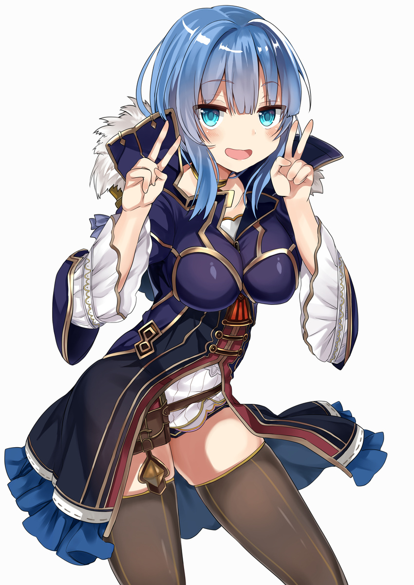 absurdres blue_eyes blue_hair blush breasts brown_legwear character_request collarbone double_v eyebrows_visible_through_hair grimms_notes highres large_breasts looking_at_viewer open_mouth retsuto short_hair solo thighhighs v