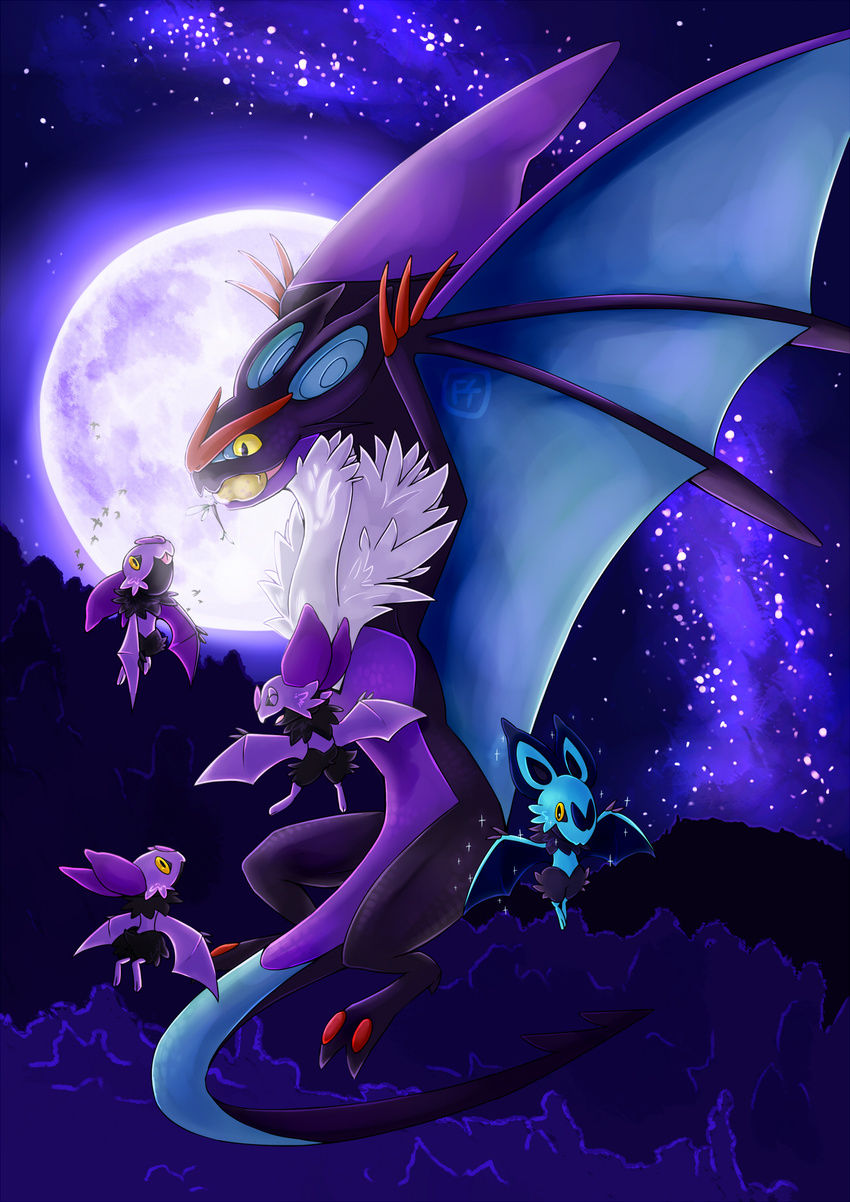 2015 almondfeather ambiguous_gender bat detailed_background digital_media_(artwork) feral food fruit hi_res mammal membranous_wings moon nature night nintendo noibat noivern outside pok&eacute;mon shiny_pok&eacute;mon sky star video_games wings