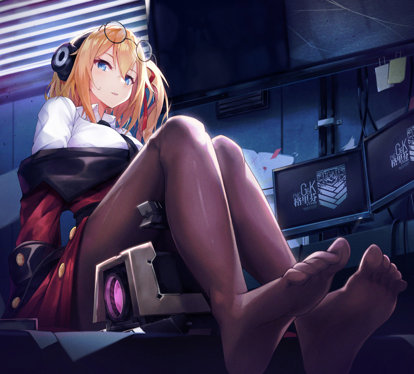 1girl alternate_costume arm_support bangs black-framed_eyewear black_legwear black_neckwear blinds blonde_hair blue_eyes blush breasts broken_screen coat collared_shirt desk dinergate_(girls_frontline) eyebrows_visible_through_hair eyewear_on_head girls_frontline glasses gloves hair_between_eyes hair_ornament hair_ribbon highres indoors kalina_(girls_frontline) large_breasts long_hair looking_at_viewer monitor necktie no_shoes off_shoulder on_desk open_clothes open_coat open_mouth pantyhose parted_lips pot-palm red_coat red_ribbon ribbon round_eyewear shirt side_ponytail sitting sleeve_cuffs white_shirt