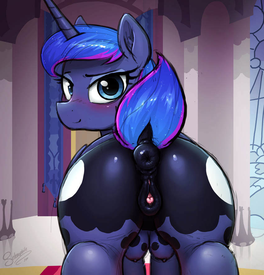 2017 absurd_res anatomically_correct anatomically_correct_pussy animal_genitalia animal_pussy anus blush butt clitoris cutie_mark dock equine equine_pussy female feral friendship_is_magic hair hi_res horn looking_at_viewer looking_back mammal my_little_pony princess_luna_(mlp) pussy rear_view selenophile solo teats wings