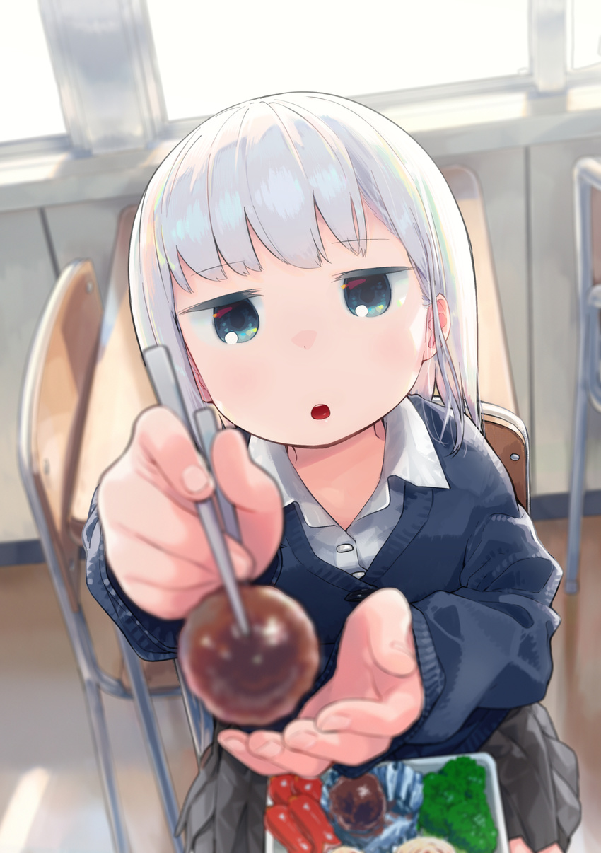 :o aharen-san_wa_hakarenai aharen_reina bangs blue_eyes blurry cardigan chair chopsticks classroom day depth_of_field desk eyebrows_visible_through_hair feeding food from_above highres holding holding_chopsticks holding_food indoors jitome long_hair long_sleeves looking_at_viewer meatball mizu_asato obentou official_art open_mouth outstretched_arm pov_feeding school_uniform sitting solo white_hair wing_collar