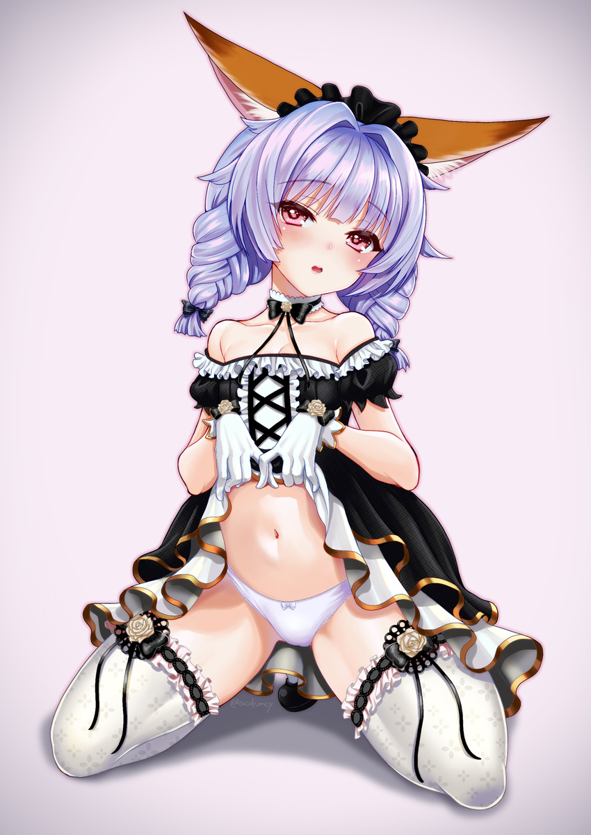 animal_ears bare_shoulders black_bow black_dress black_footwear black_neckwear black_ribbon boots bow bow_panties bowtie braid collarbone commentary detached_collar dress dress_lift elin_(tera) flower full_body gloves hair_bow highres kumehara_chiyota lifted_by_self looking_at_viewer maid navel panties purple_background purple_hair red_eyes ribbon rose shadow sitting solo stomach tera_online thighhighs twin_braids twitter_username underwear white_flower white_gloves white_legwear white_panties white_rose