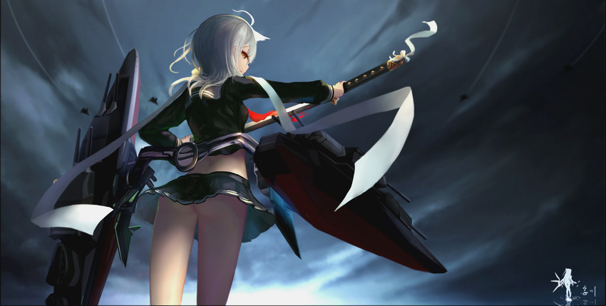 aircraft airplane ass azur_lane cloud cloudy_sky commentary_request fighter_jet from_behind grey_sky highres jet katana looking_at_viewer maya_(azur_lane) midriff military military_vehicle no_panties rigging scarf school_uniform short_hair sky sword tachi_(weapon) upskirt wangchuan_de_quanyan weapon white_hair