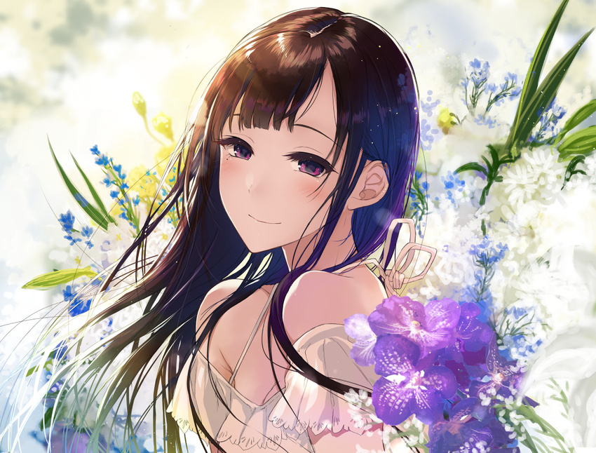 ane_naru_mono bangs bare_shoulders black_hair blunt_bangs blush breasts chiyo_(ane_naru_mono) cleavage flower light_smile long_hair looking_at_viewer mole mole_under_eye pochi_(pochi-goya) purple_eyes small_breasts smile solo upper_body