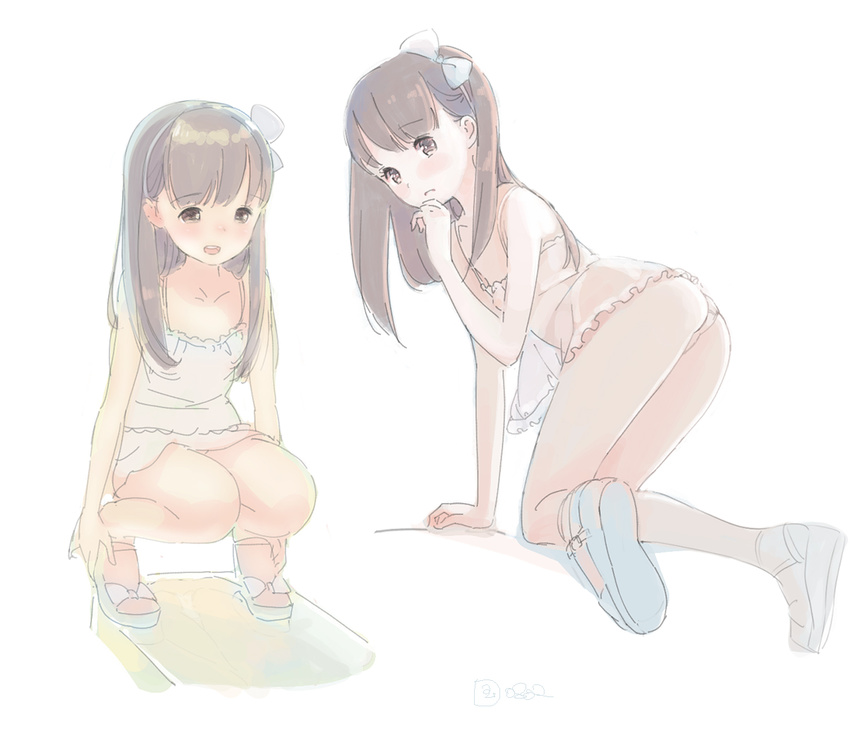 all_fours ass bangs blush brown_eyes brown_hair child closed_mouth dress eyebrows_visible_through_hair half-closed_eyes hand_on_own_chin hand_up kneeling kokudou_juunigou long_hair looking_at_viewer looking_back multiple_girls open_mouth original panties pantyshot pantyshot_(kneeling) pantyshot_(squatting) simple_background smile squatting thighs twintails underwear white_background white_dress white_panties