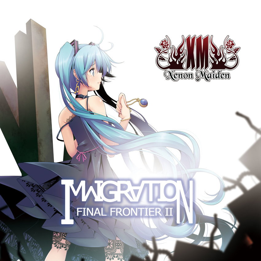 bangs bare_shoulders beamed_eighth_notes blue_hair copyright_name dress earrings hatsune_miku highres jewelry lace long_hair musical_note musical_note_earrings shiny shiny_skin solo strap_slip twintails very_long_hair vocaloid white_background yuzuki_kei