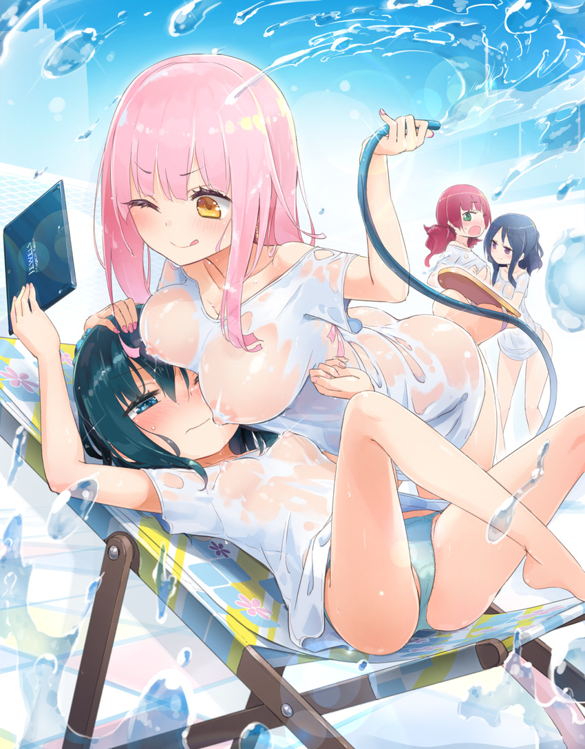 agatha_murray ass bare_arms bare_legs barefoot black_hair blue_eyes blush breasts chair chloe_withers day half-closed_eyes highres homura_subaru hose large_breasts licking_lips lillian_ljungstrom long_hair lounge_chair lying multiple_girls nipples no_bra on_back one_eye_closed original outdoors pink_hair purple_eyes red_hair see-through shirt small_breasts smile tongue tongue_out water wet wet_clothes wet_shirt white_shirt yellow_eyes yuri yuzuki_faulkner