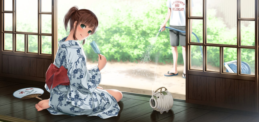 1girl :q bangs barefoot blush brown_hair bush clothes_writing day domestic_na_kanojo fan flip-flops floral_print food from_side green_eyes head_out_of_frame holding holding_food holding_hose hose incense indoors japanese_clothes kayari_buta kimono long_sleeves looking_at_viewer obi official_art paper_fan ponytail popsicle reflective_floor sandals sash sasuga_kei shirt shorts shouji sidelocks sitting sliding_doors smoke standing summer t-shirt tachibana_hina tongue tongue_out uchiwa veranda water wide_sleeves wooden_floor yokozuwari yukata