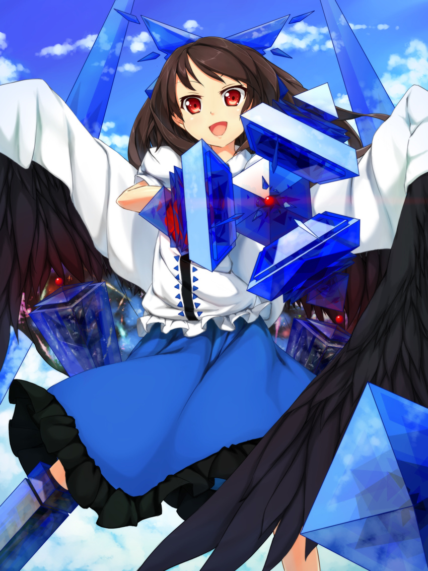 angel_(evangelion) blush brown_hair cosplay cu_(fsy84738368) fusion gattai highres long_hair looking_at_viewer neon_genesis_evangelion open_mouth ramiel ramiel_(cosplay) rebuild_of_evangelion red_eyes reiuji_utsuho smile solo touhou wings