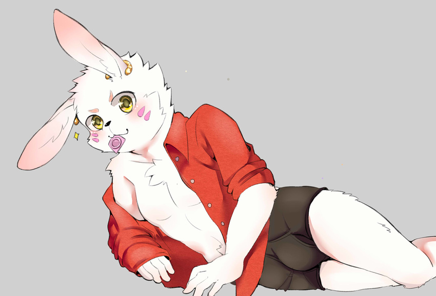 anthro blush boxers_(clothing) bulge chest_tuft clothed clothing condom condom_in_mouth fur green_eyes joeyz lagomorph looking_at_viewer male mammal open_shirt rabbit solo teenager tuft underwear white_fur young
