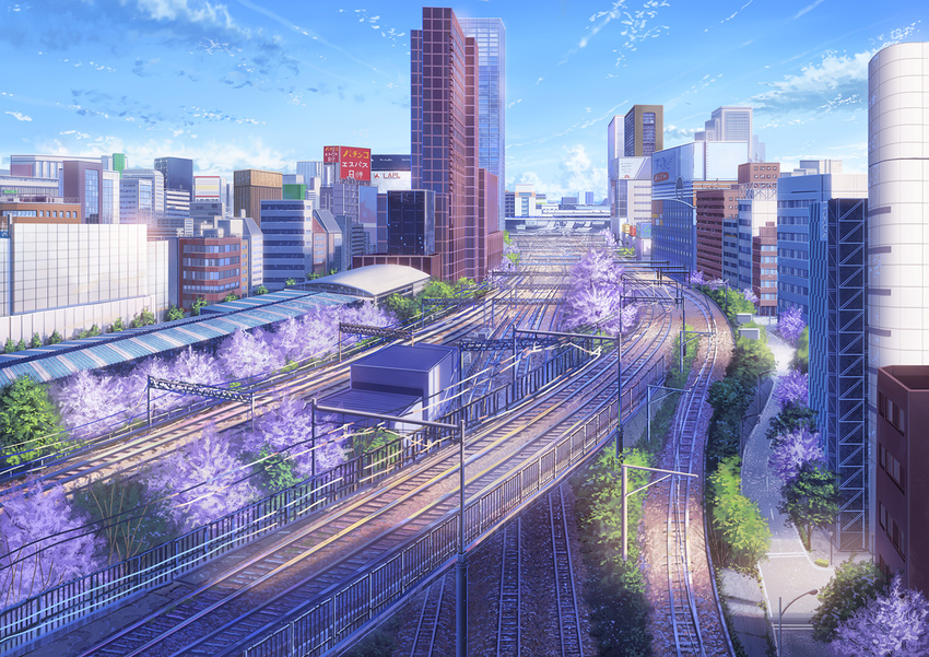 building cherry_blossoms cityscape cloud commentary_request day niko_p no_humans original railroad_tracks real_world_location revision road scenery shadow shinjuku sky spring_(season) street tokyo_(city) train_station tree