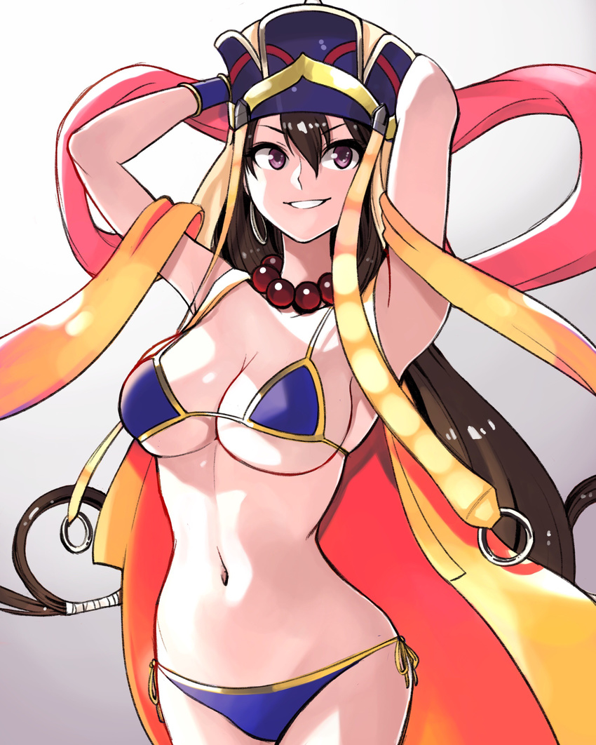 absurdres arms_behind_head bead_necklace beads bikini black_hair blue_bikini breasts cape earrings fate/grand_order fate_(series) grin hat highres hoop_earrings jewelry large_breasts long_hair looking_at_viewer navel necklace onaka_(pixiv11820960) prayer_beads purple_eyes side-tie_bikini smile solo swimsuit very_long_hair xuanzang_(fate/grand_order)