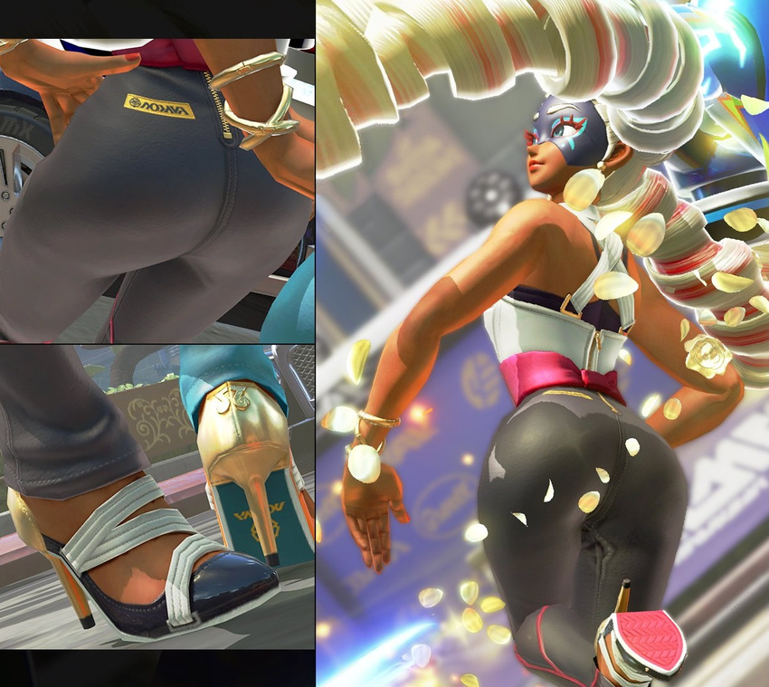 1girl 3d arms_(game) ass booty close-up foot_up heels high_heels looking_to_the_side mask nail_polish panels petals pig_tail solo tan_skin tanned_skin twintelle_(arms) zipper