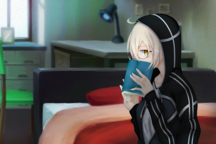 artoria_pendragon_(all) blonde_hair book covering_face desk desk_lamp fate/grand_order fate_(series) glasses highres hood lamp mysterious_heroine_x_(alter) nora_(s32546621) on_bed semi-rimless_eyewear sideways_glance sitting sitting_on_bed solo type-moon under-rim_eyewear windowsill yellow_eyes