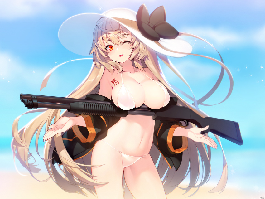 bangs beach bikini black_bow black_jacket blonde_hair bow breasts character_name cleavage cowboy_shot day girls_frontline gun halter_top halterneck hat hat_bow highres holding holding_weapon ithaca_m37_(girls_frontline) jacket large_breasts long_hair looking_at_viewer navel one_eye_closed outdoors red_eyes rheez shotgun smile solo sparkle standing sun_hat sunlight swimsuit tattoo tongue tongue_out very_long_hair weapon white_bikini white_hat