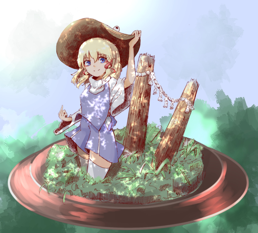 bad_id bad_pixiv_id blonde_hair blue_eyes blue_skirt blue_vest closed_mouth commentary_request cowboy_shot dappled_sunlight grass hair_ribbon hat highres long_sleeves looking_at_viewer moriya_suwako red_ribbon ribbon skirt skirt_set smile solo sunlight thighhighs touhou tress_ribbon vest white_legwear wide_sleeves yusake_san