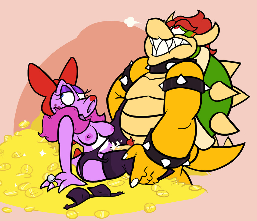 anthro big_dom_small_sub birdo boa_(clothing) bowser bra clothing coin cum cum_in_pussy cum_inside duo energyloop erection female garter_belt garter_straps gold_(metal) gold_coin koopa larger_male legwear lingerie lipstick makeup male male/female male_penetrating mario_bros mostly_nude nintendo penetration penis ring scalie sex simple_background size_difference slightly_chubby smaller_female stockings treasure treasure_hoard underwear vaginal vaginal_penetration video_games