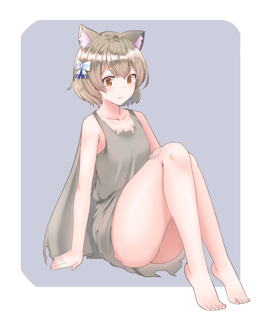:3 animal_ears arched_soles arm_support ass bangs bare_arms bare_legs bare_shoulders barefoot blue_ribbon blush bob_cut border bow brown_dress brown_hair cape cat_ears closed_mouth collarbone commentary dot_nose dress eyebrows_visible_through_hair eyelashes feet felix_argyle full_body hair_between_eyes hair_bow hair_ribbon half-closed_eyes hand_on_own_leg highres knees_together_feet_apart knees_up light_smile looking_at_viewer male_focus momose_oden orange_eyes otoko_no_ko outside_border parted_bangs raised_eyebrows re:zero_kara_hajimeru_isekai_seikatsu ribbon shiny shiny_skin short_dress short_eyebrows short_hair silver_background simple_background sleeveless sleeveless_dress solo striped striped_ribbon thick_eyebrows thighs toes torn_clothes torn_dress white_border white_bow