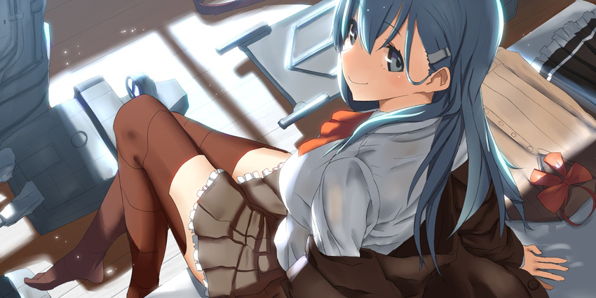 aqua_eyes aqua_hair blazer blush bow bowtie breasts brown_jacket brown_legwear brown_skirt commentary couch flight_deck frilled_skirt frills from_above hair_ornament hairclip highres indoors jacket jacket_removed kantai_collection long_hair looking_at_viewer medium_breasts no_shoes pleated_skirt remodel_(kantai_collection) rigging shirt sitting skirt skirt_removed smile smokestack solo suzuya_(kantai_collection) thighhighs tsuuhan turret white_shirt wooden_floor
