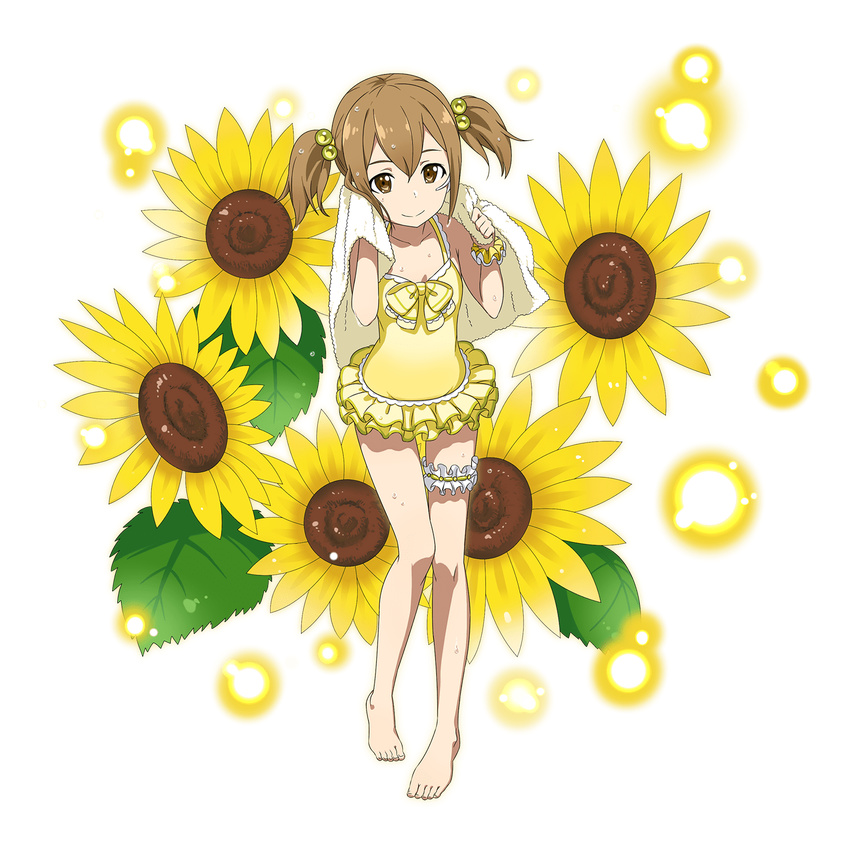 barefoot breasts brown_eyes brown_hair cleavage collarbone flower full_body hair_between_eyes hair_bobbles hair_ornament highres holding holding_towel official_art short_hair short_twintails silica small_breasts smile solo standing sunflower swimsuit sword_art_online sword_art_online:_code_register thigh_strap towel transparent_background twintails wet yellow yellow_flower yellow_swimsuit