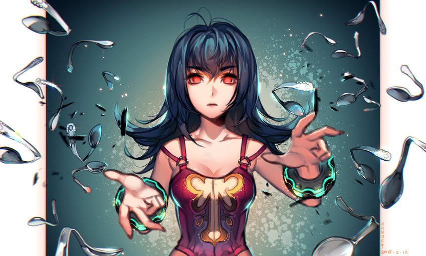 black_hair bracelet breasts cleavage collarbone hair_between_eyes jewelry kawacy long_hair looking_at_viewer medium_breasts natsume_(pokemon) parted_lips pokemon pokemon_(game) pokemon_hgss psychic red_eyes solo spoon standing upper_body