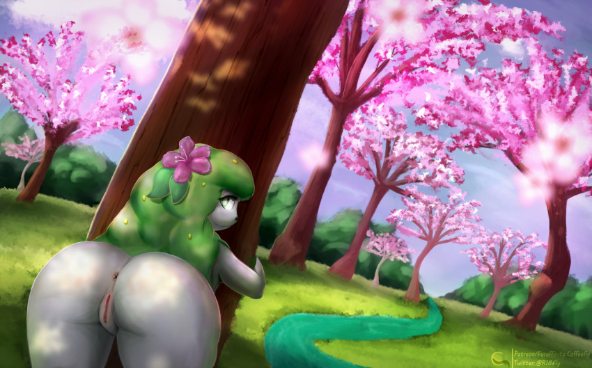 anthro anus butt cherry_blossom cloud coffeefly creek female flower grass green_eyes hair legendary_pok&eacute;mon looking_back nintendo nude outside plant pok&eacute;mon pok&eacute;mon_(species) presenting presenting_hindquarters pussy shaymin shaymin_(land_form) sky solo tree video_games water