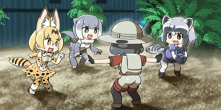 :d animal_ears backpack bag black_gloves black_ribbon chaki_(teasets) chibi commentary common_raccoon_(kemono_friends) fang gloves ground hat helmet highres jurassic_world kaban_(kemono_friends) kemono_friends looking_at_another meme multiple_girls open_mouth otter_ears otter_tail outstretched_arms pants pantyhose parody pith_helmet plant prattkeeping red_shirt ribbon serval_(kemono_friends) serval_ears serval_print serval_tail shadow shirt short_hair skirt small-clawed_otter_(kemono_friends) smile standing striped_tail tail walking