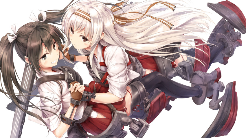 black_legwear boots brown_eyes brown_gloves brown_hair closed_mouth fingerless_gloves flight_deck gloves grin hair_tie hairband hakama hakama_skirt headband highres hip_vent holding_hands interlocked_fingers japanese_clothes kantai_collection long_hair looking_at_viewer mecha_musume multiple_girls muneate panties partly_fingerless_gloves pleated_skirt red_hakama remodel_(kantai_collection) ribbon ribbon-trimmed_skirt ribbon_trim shoukaku_(kantai_collection) side-tie_panties sidelocks simple_background single_glove skirt smile suien thigh_ribbon thighhighs twintails underwear white_background white_hair yugake zuikaku_(kantai_collection)