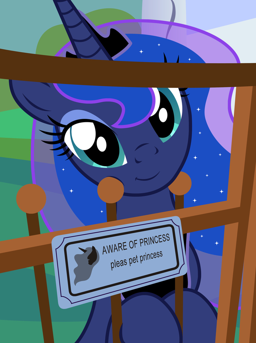 2017 badumsquish blue_eyes blue_hair cute equine female fence friendship_is_magic gate hair horn looking_at_viewer mammal my_little_pony princess_luna_(mlp) smile solo winged_unicorn wings