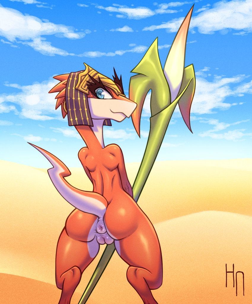 anthro anus armor blue_eyes butt desert drauk ever_oasis eyelashes female headgear helmet hotneon lizard looking_back melee_weapon miura nintendo nude polearm presenting presenting_hindquarters puffy_anus pussy raised_tail rear_view reptile scalie seductive smile solo spear standing thick_thighs video_games weapon