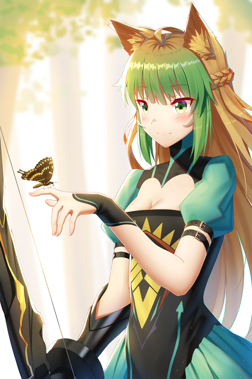 ahoge animal_ears atalanta_(fate) blush bow_(weapon) breasts brown_hair bug butterfly cleavage closed_mouth eyebrows_visible_through_hair fate/apocrypha fate/grand_order fate_(series) fox_ears green_eyes green_hair highres holding holding_bow_(weapon) holding_weapon insect ji_dao_ji large_breasts long_hair looking_away multicolored_hair smile solo two-tone_hair weapon