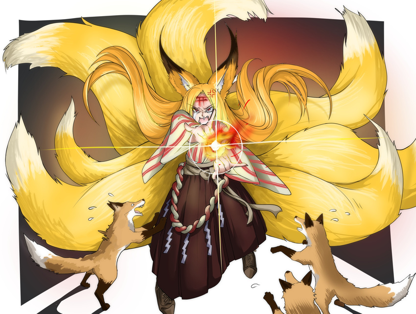 anger_vein angry animal_ears commentary_request crying crying_with_eyes_open d: doitsuken fangs fire flame floating_hair flying_sweatdrops fox fox_ears fox_shadow_puppet fox_tail highres japanese_clothes kitsune long_hair looking_at_viewer magic multiple_tails open_mouth original pointing pointing_at_viewer red_eyes runny_nose shoes slit_pupils standing tail tears torii v-shaped_eyebrows very_long_hair wide_sleeves worried