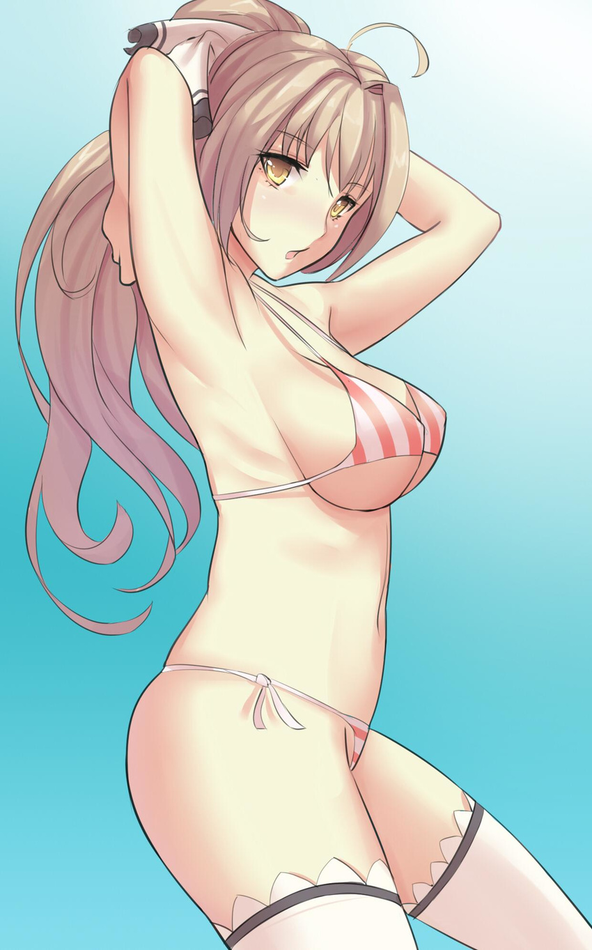 :o ahoge alternate_costume amagi_brilliant_park antenna_hair armpits arms_up bikini blush bow breasts brown_hair commentary_request cowboy_shot from_side hair_bow highres large_breasts long_hair looking_at_viewer looking_to_the_side ponytail sento_isuzu side-tie_bikini solo striped striped_bikini swimsuit thighhighs white_legwear worldless yellow_eyes