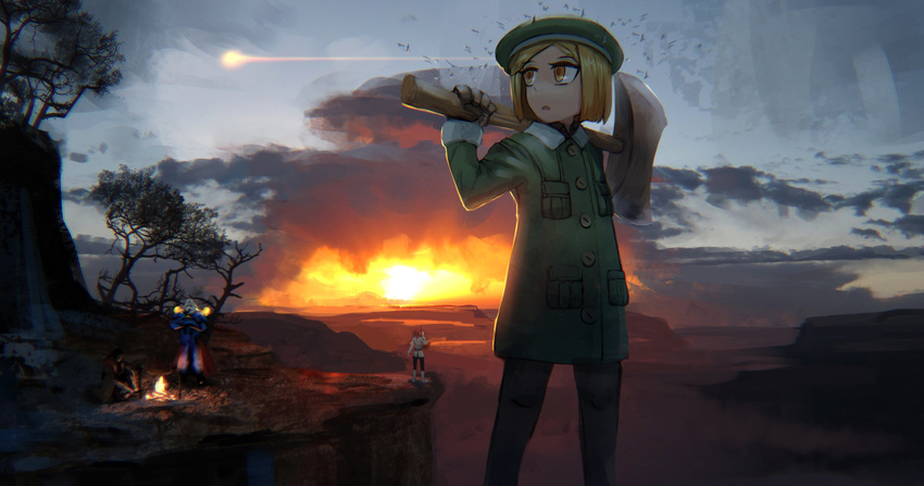 2girls absurdres axe bird blonde_hair campfire cliff cloud cloudy_sky eyebrows_visible_through_hair fate/grand_order fate_(series) fujimaru_ritsuka_(female) geronimo_(fate/grand_order) giantess ginho gloves green_jacket highres jacket looking_to_the_side multiple_boys multiple_girls native_american open_mouth paul_bunyan_(fate/grand_order) realistic short_hair sky solo_focus sunset thomas_edison_(fate/grand_order) tree weapon yellow_eyes