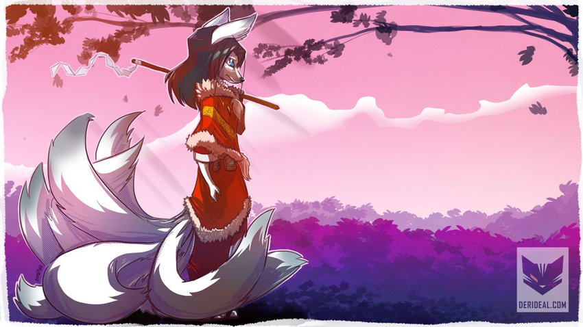 anthro atmospheric_perspective black_hair blue_eyes border canine clothed clothing detailed_background female footwear fox fully_clothed hair holding_object kiaun mammal multi_tail sandals side_view url watermark white_border