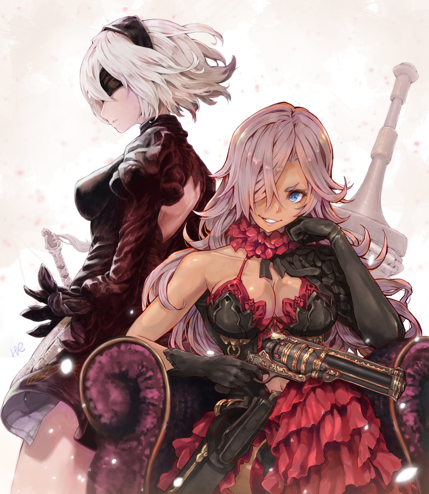 :d arm_at_side armor armored_dress artist_name ass back_cutout bangs black_dress black_gloves black_hairband black_legwear blindfold blue_eyes breasts broadsword chain chair chin_rest cinderella_(sinoalice) cleavage collarbone commentary_request covered_eyes cowboy_shot creator_connection crossover dark_skin detached_collar dress elbow_gloves eyelashes finger_on_trigger frills from_behind from_side gloves grin gun hair_over_one_eye hairband high_heels highres holding holding_gun holding_weapon hoshizaki_reita huge_weapon juliet_sleeves katana large_breasts lips long_hair long_sleeves looking_at_viewer medium_breasts mole mole_under_mouth multicolored multicolored_clothes multicolored_gloves multiple_girls navel nier_(series) nier_automata open_mouth parted_lips patterned_clothing petals pink_lips puffy_sleeves shiny shiny_skin short_dress short_eyebrows short_hair side_slit silver_hair sinoalice sitting skindentation skirt smile smirk standing sword tassel teeth thighhighs thighs turtleneck vambraces weapon white_gloves white_hair yorha_no._2_type_b