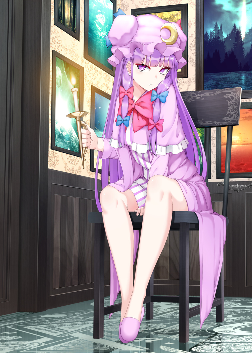 absurdres arm_support bangs bare_legs between_legs blue_bow blunt_bangs bow bowtie candle capelet chair commentary_request crescent crescent_hair_ornament double_bun dress fire full_body hair_bow hair_ornament hand_between_legs hat highres holding indoors long_hair long_sleeves looking_at_viewer mikoma_sanagi mob_cap painting_(object) patchouli_knowledge purple_dress purple_eyes purple_footwear purple_hair purple_hat red_bow red_neckwear reflection shoes short_dress sitting slippers solo striped striped_dress touhou vertical_stripes