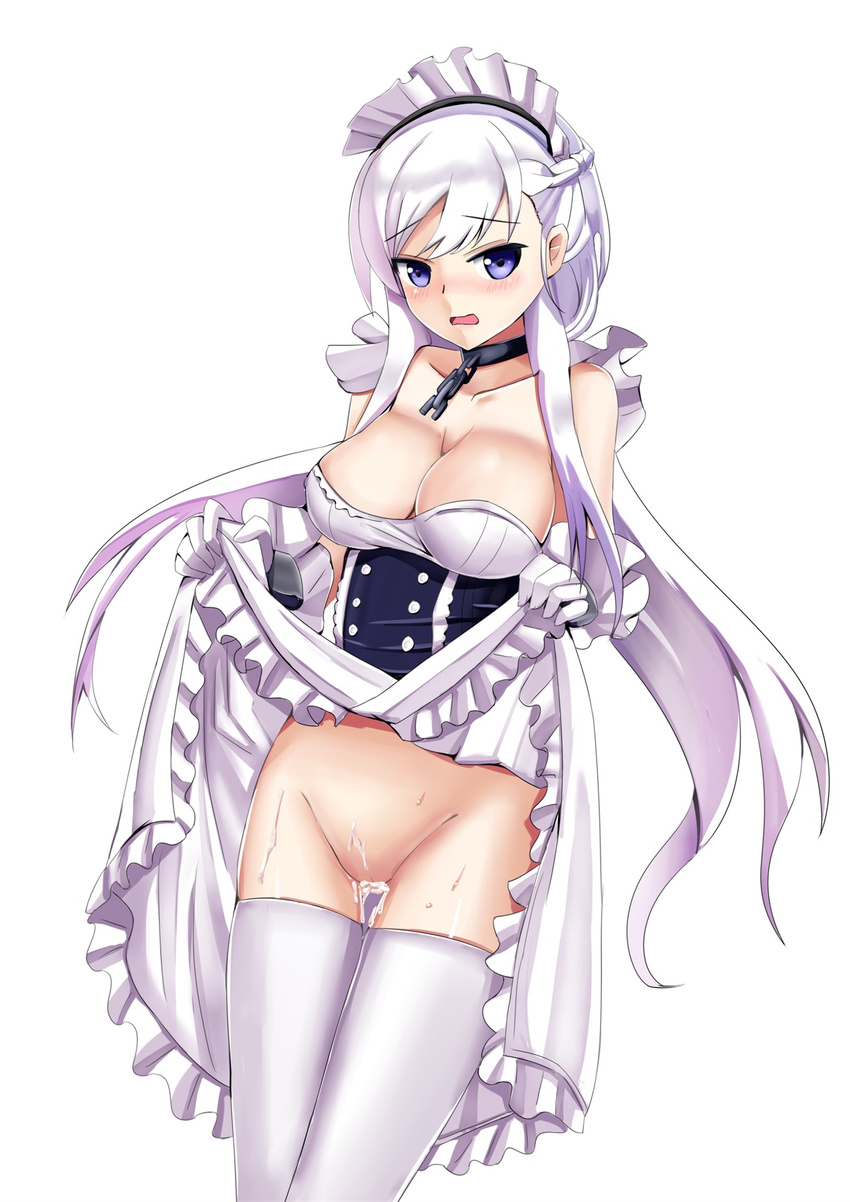 after_sex azur_lane belfast_(azur_lane) blush breasts chain_necklace cleavage collarbone cum cum_in_pussy gloves groin highres large_breasts long_hair looking_at_viewer maid maid_headdress open_mouth silver_hair skirt skirt_lift solo thighhighs white_background zha_shi