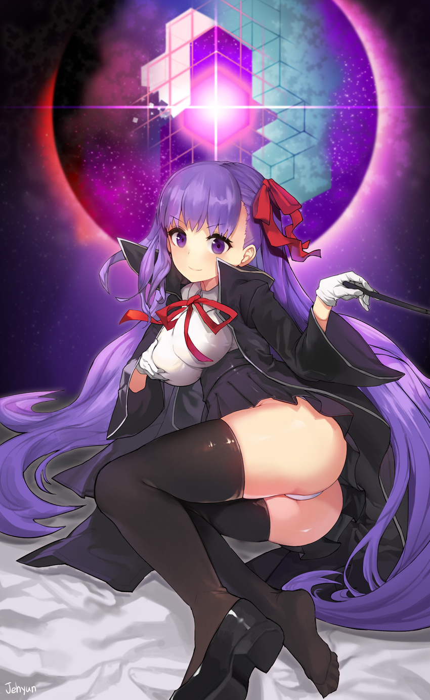 &gt;:) 1girl ass bb_(fate/extra_ccc) black_cape black_dress blush bow breast_grab breasts cape dress fate/extra fate/extra_ccc fate/grand_order gloves hair_bow hair_ribbon jehyun large_breasts long_hair long_sleeves looking_at_viewer panties purple_eyes purple_hair red_ribbon ribbon shiny shiny_clothes shiny_hair shiny_skin skirt smile solo thighhighs underwear upskirt very_long_hair wand